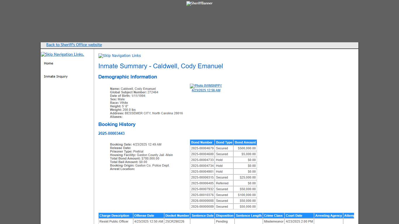 Inmate Summary - Caldwell, Cody Emanuel